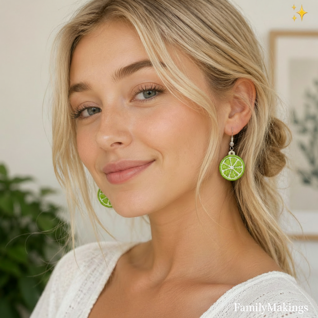 Person wearing embroidered lime slice earrngs