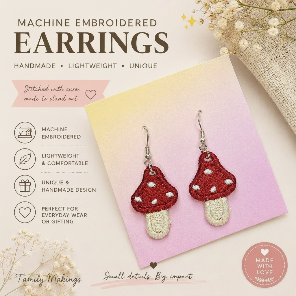 Machine embroidered, light weight, unique and a great gift.  Mushroom embroidered earrings.