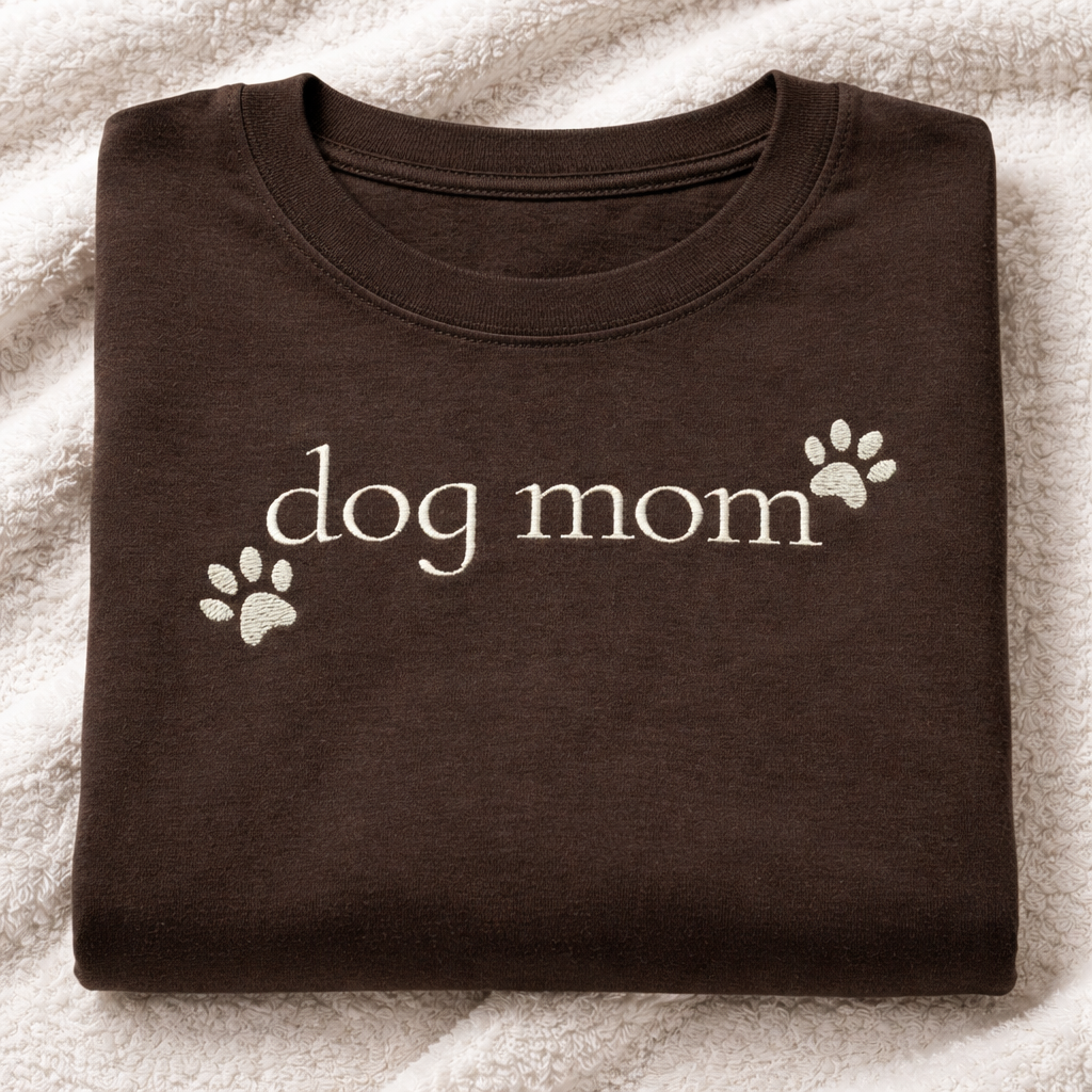 Folded espresso t-shirt with 'dog mom' embroidered text on a textured surface