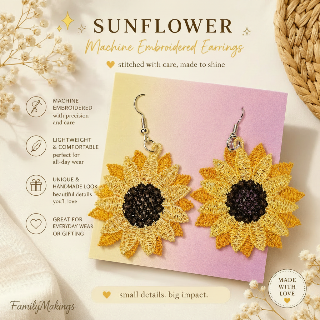 Machine embroidered, light weight, unique and great gift.  Embroidered sunflower earrings.