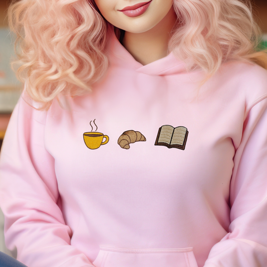Book Lover Embroidered Sweatshirt | Coffee & Croissant Design | 11 Color Options