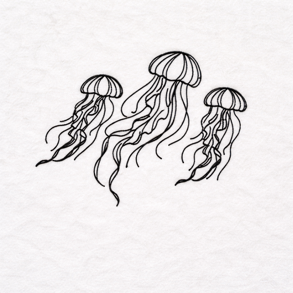 Three jellyfish design in black thread on a white background