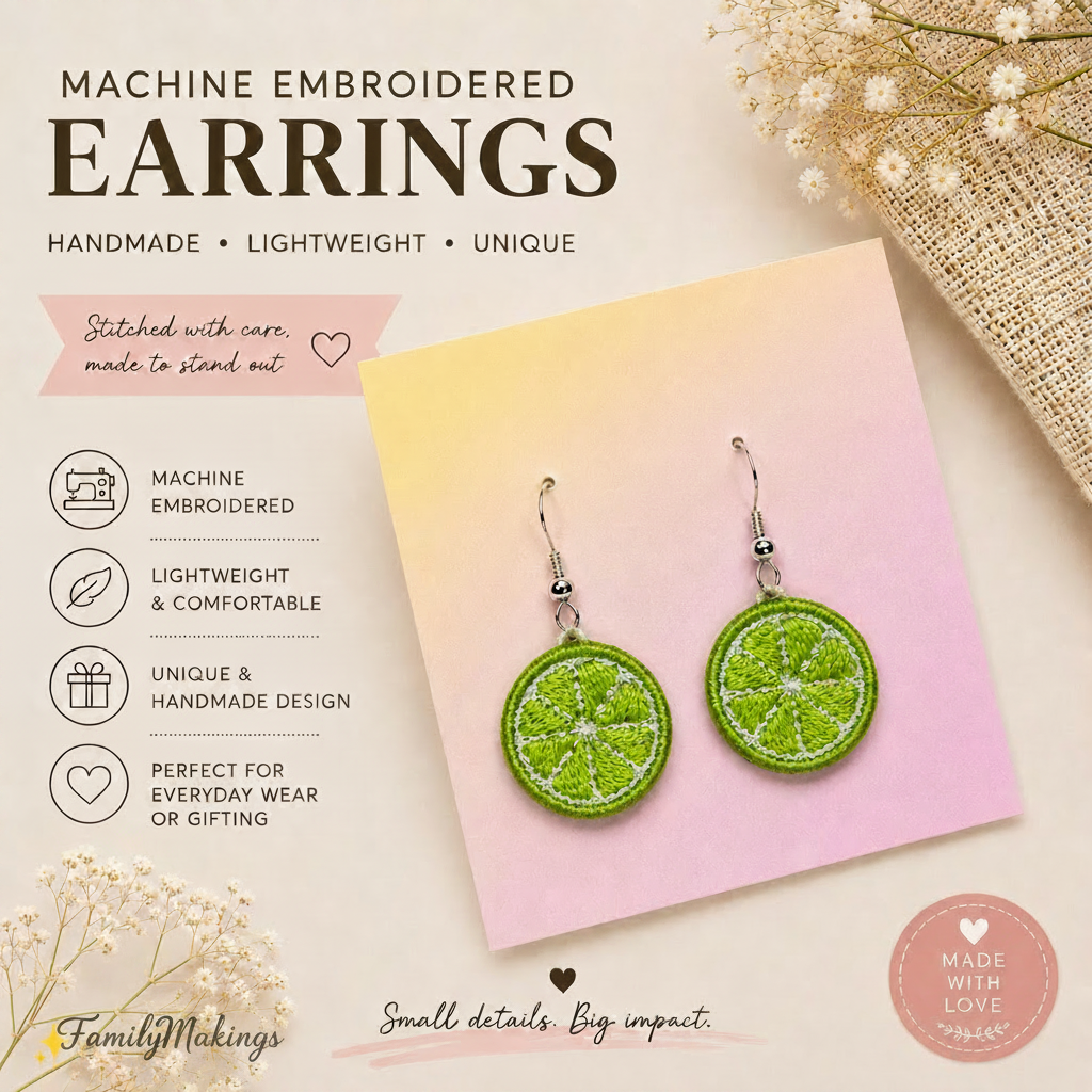 Machine embroidered, lightweight, unique and perfect for gifting.  Embroidered lime slice earrings