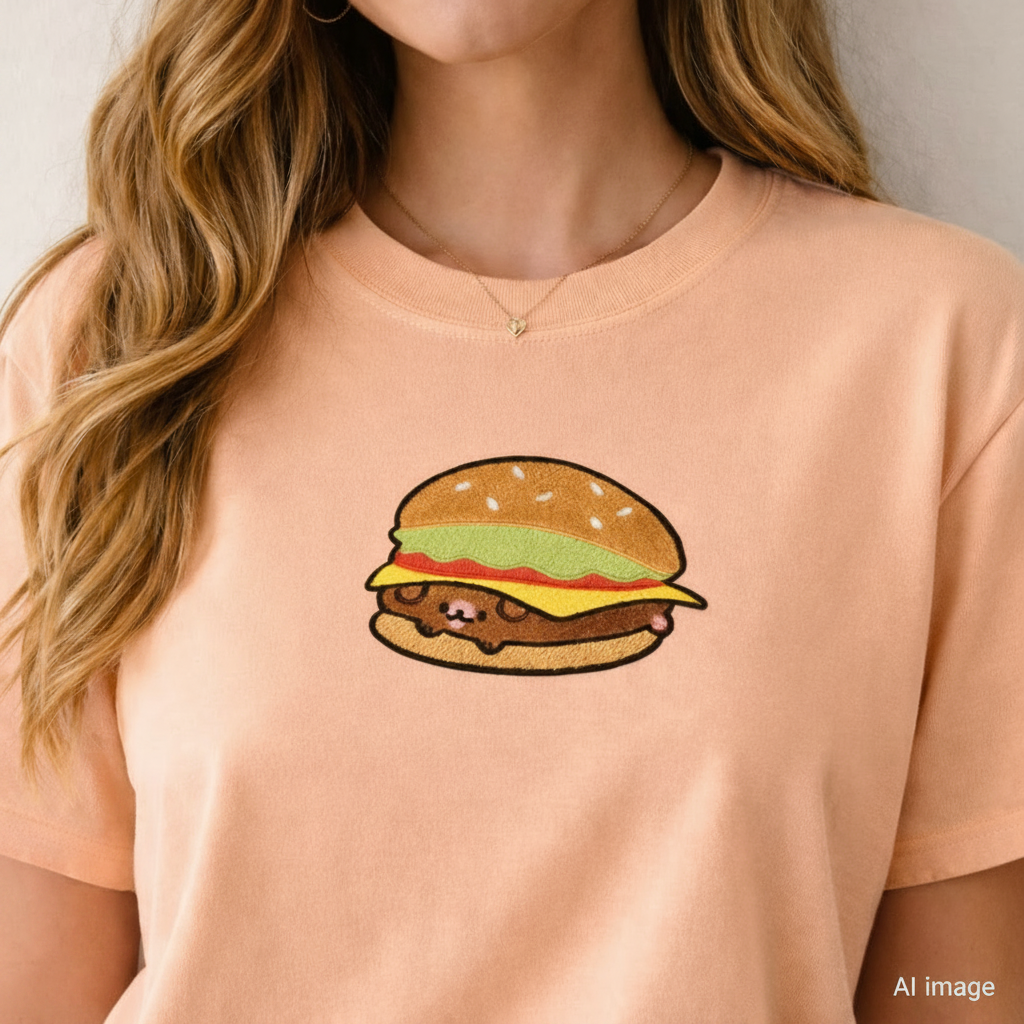 Person wearing a peachy t-shirt with a cartoon hamburger design.