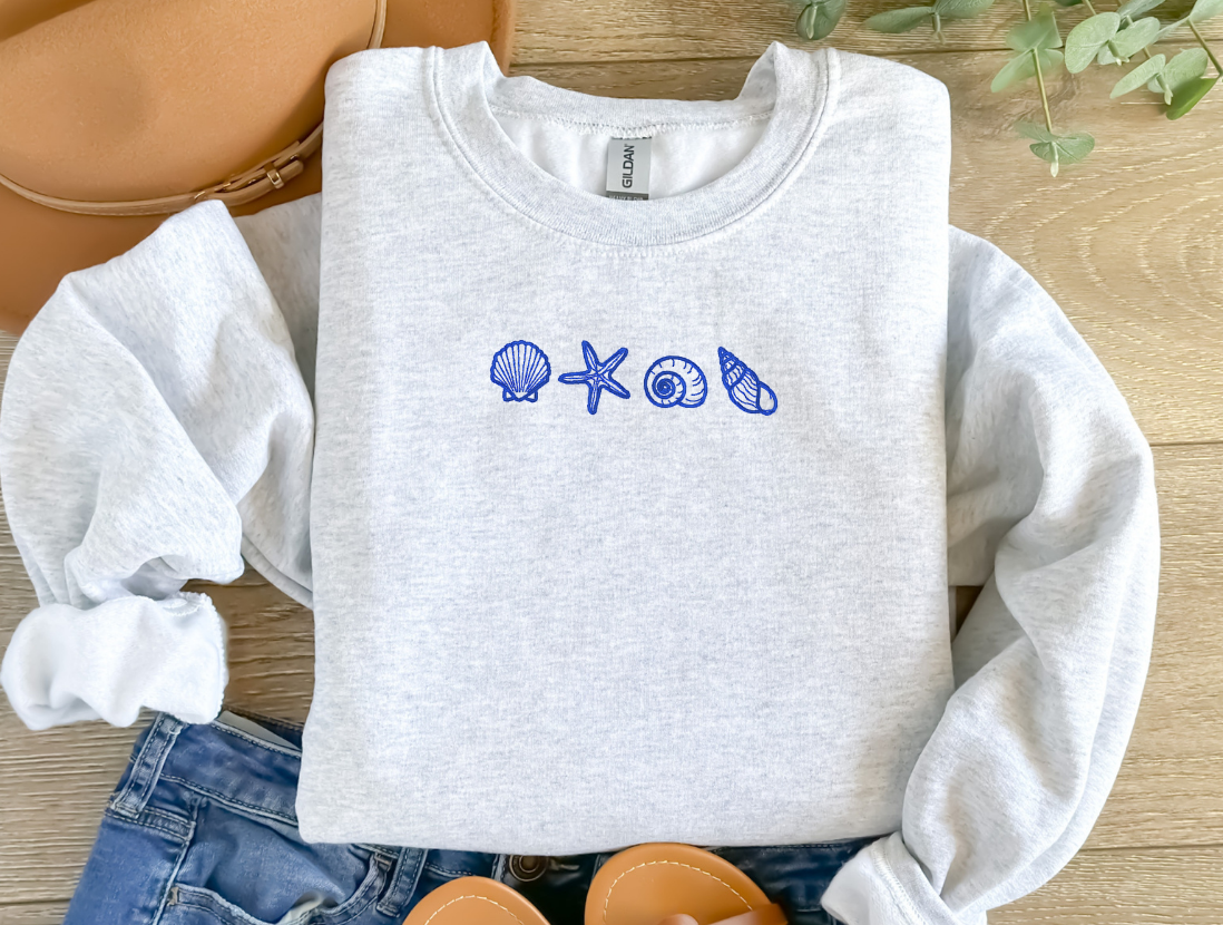 Embroidered Coastal Sea Shell Sweatshirt | Gildan Crewneck or Hoodie | 11 Color Options | Made to Order