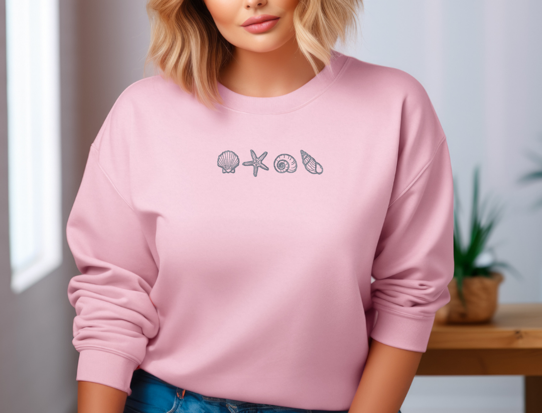 Embroidered Coastal Sea Shell Sweatshirt | Gildan Crewneck or Hoodie | 11 Color Options | Made to Order